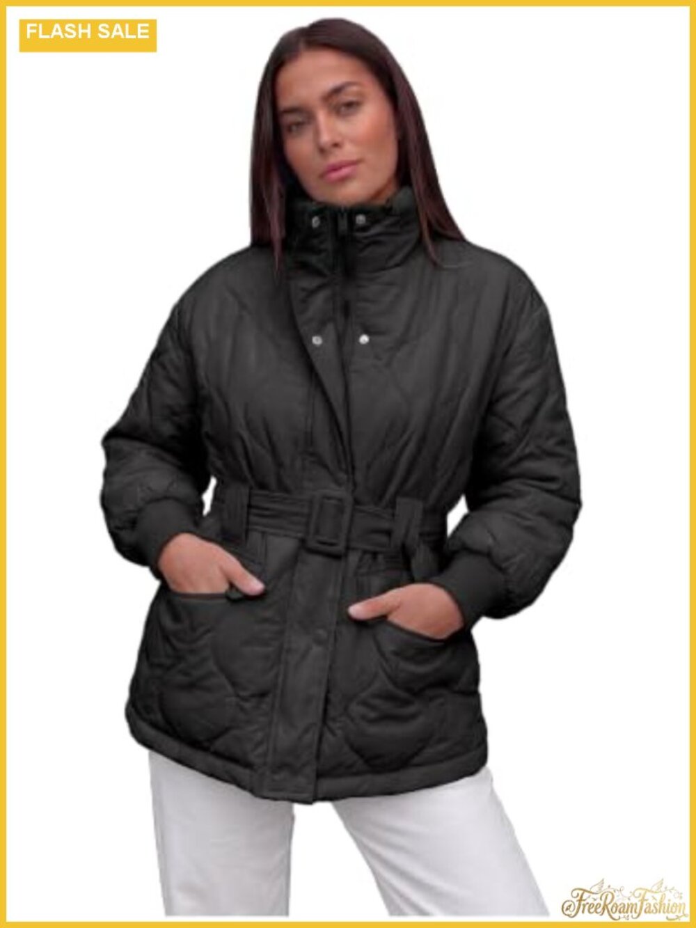 Women's Belted Puffer Jacket Balloon Sleeve Quilted Lightweight Winter Coat